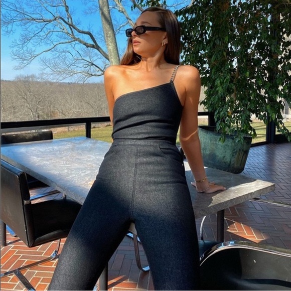 NWT WeWoreWhat Asymmetrical Denim Chain Strap Jumpsuit - Picture 9 of 11